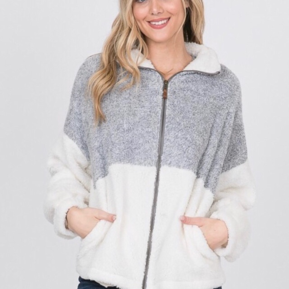 Sherpa Gray and White ColorBlock Jacket - Picture 2 of 3